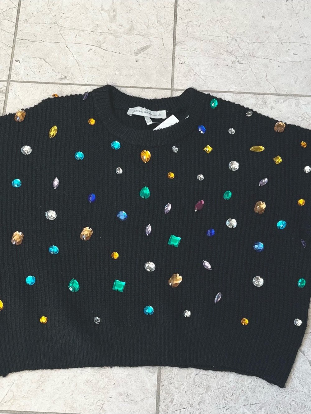 Black Embellished Gemstone Crewneck Sweater